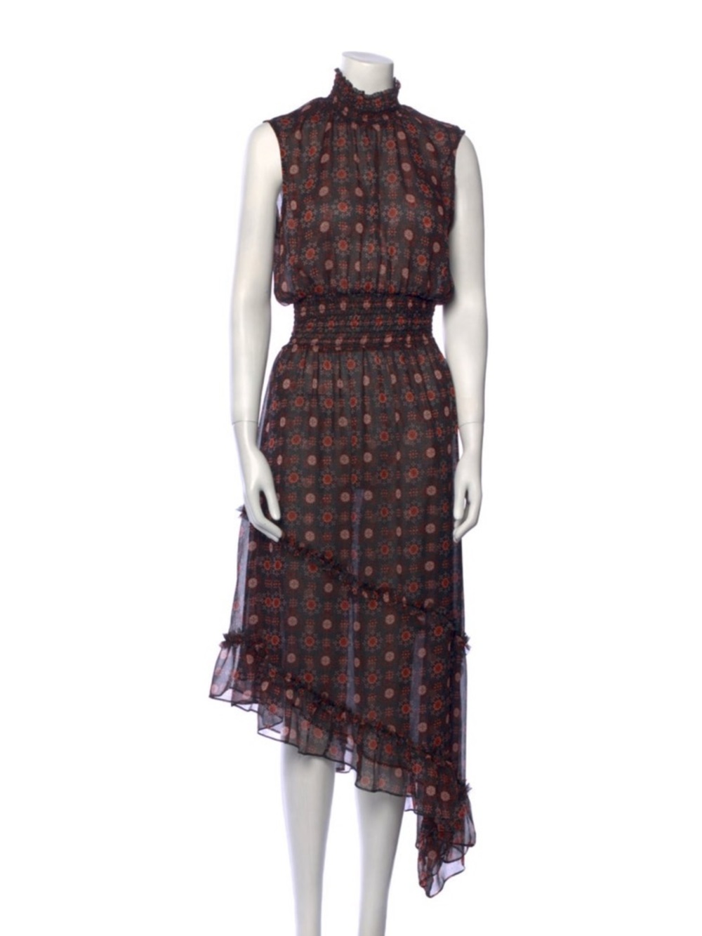 Misa Los Angeles Brown & Rust Floral High-Low Midi Dress Sz Small